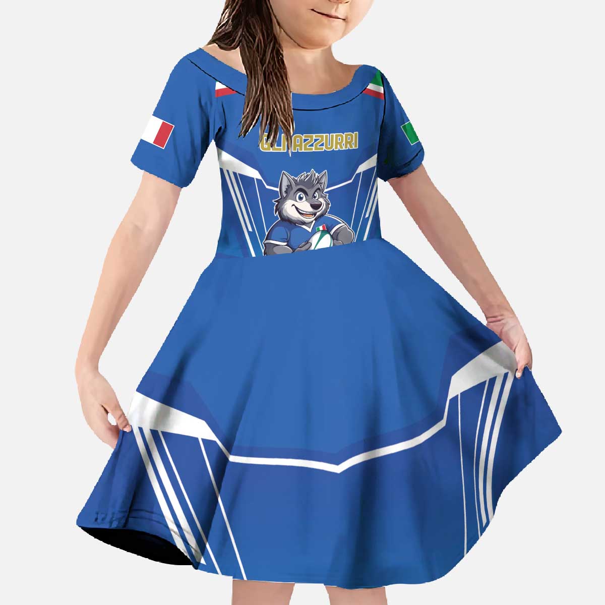 Italy Rugby Custom Family Matching Off The Shoulder Long Sleeve Dress and Hawaiian Shirt Italian Wolf Mascot Go Gli Azzurri