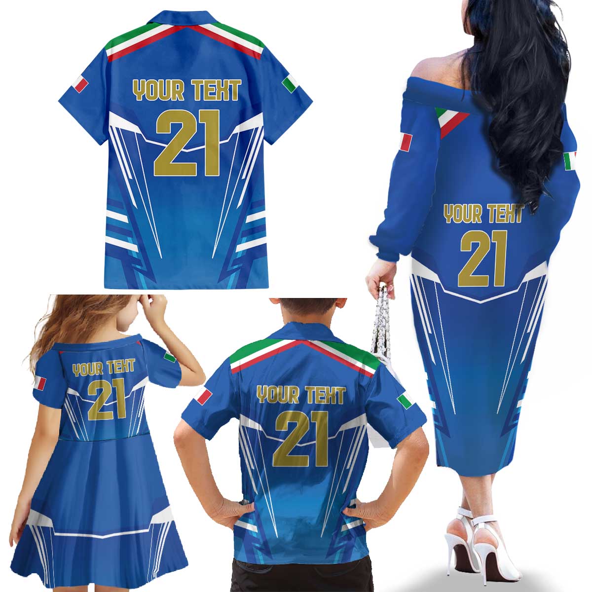 Italy Rugby Custom Family Matching Off The Shoulder Long Sleeve Dress and Hawaiian Shirt Italian Wolf Mascot Go Gli Azzurri