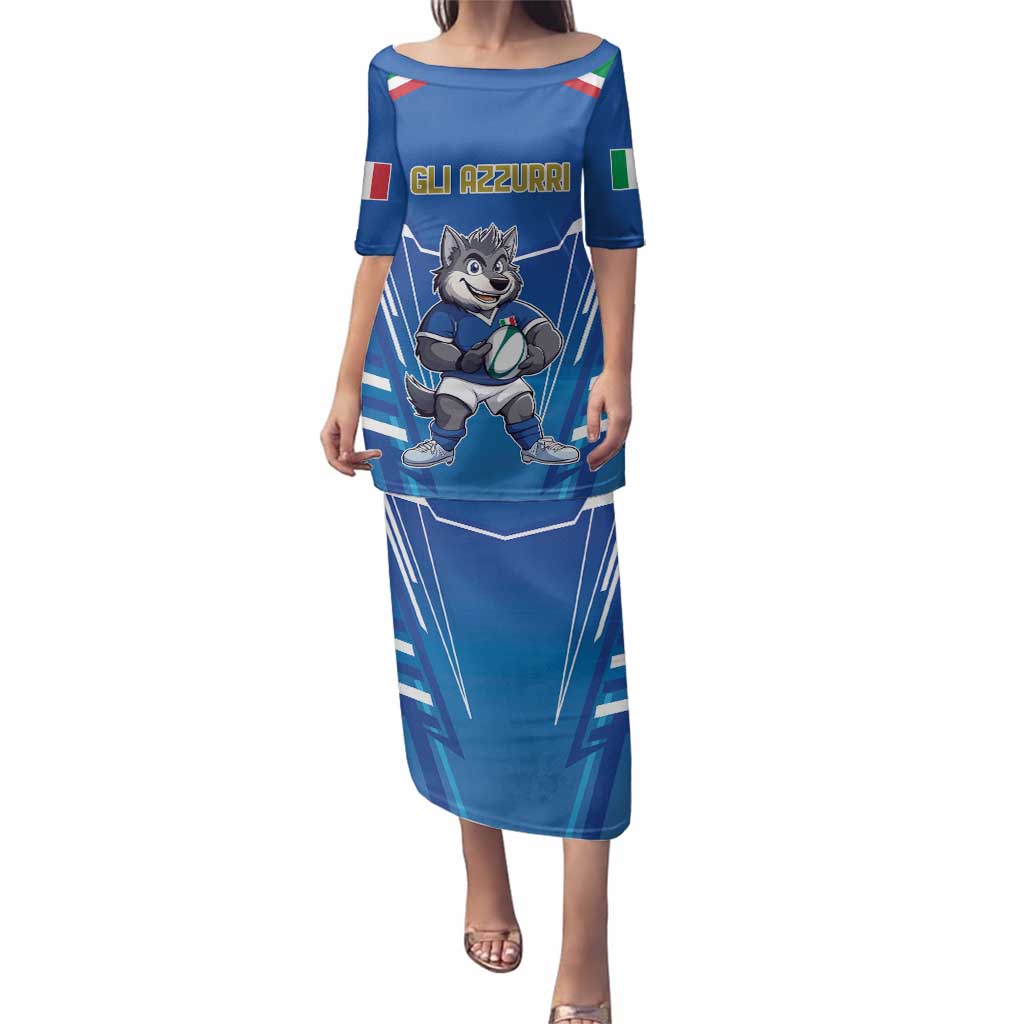 Italy Rugby Custom Family Matching Puletasi and Hawaiian Shirt Italian Wolf Mascot Go Gli Azzurri