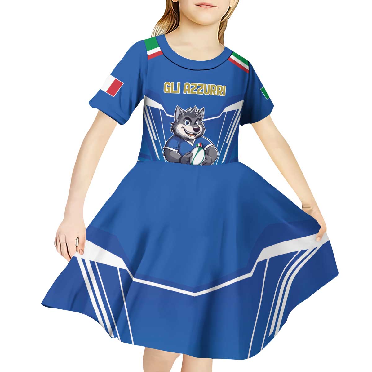 Italy Rugby Custom Kid Short Sleeve Dress Italian Wolf Mascot Go Gli Azzurri