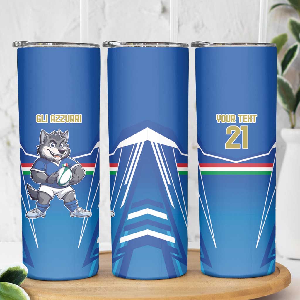 Italy Rugby Custom Skinny Tumbler Italian Wolf Mascot Go Gli Azzurri