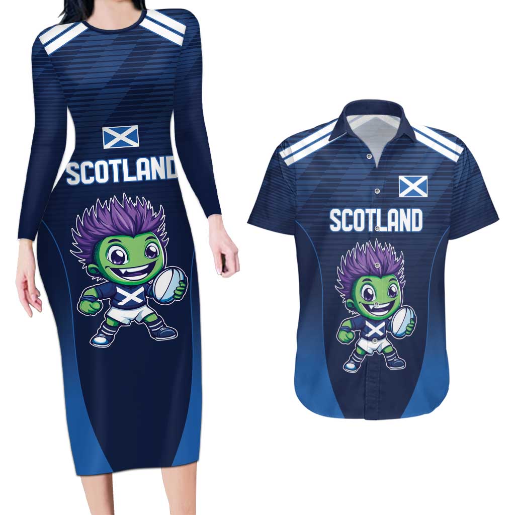 Scotland Rugby Custom Couples Matching Long Sleeve Bodycon Dress and Hawaiian Shirt Thistle Mascot Go Scottish!