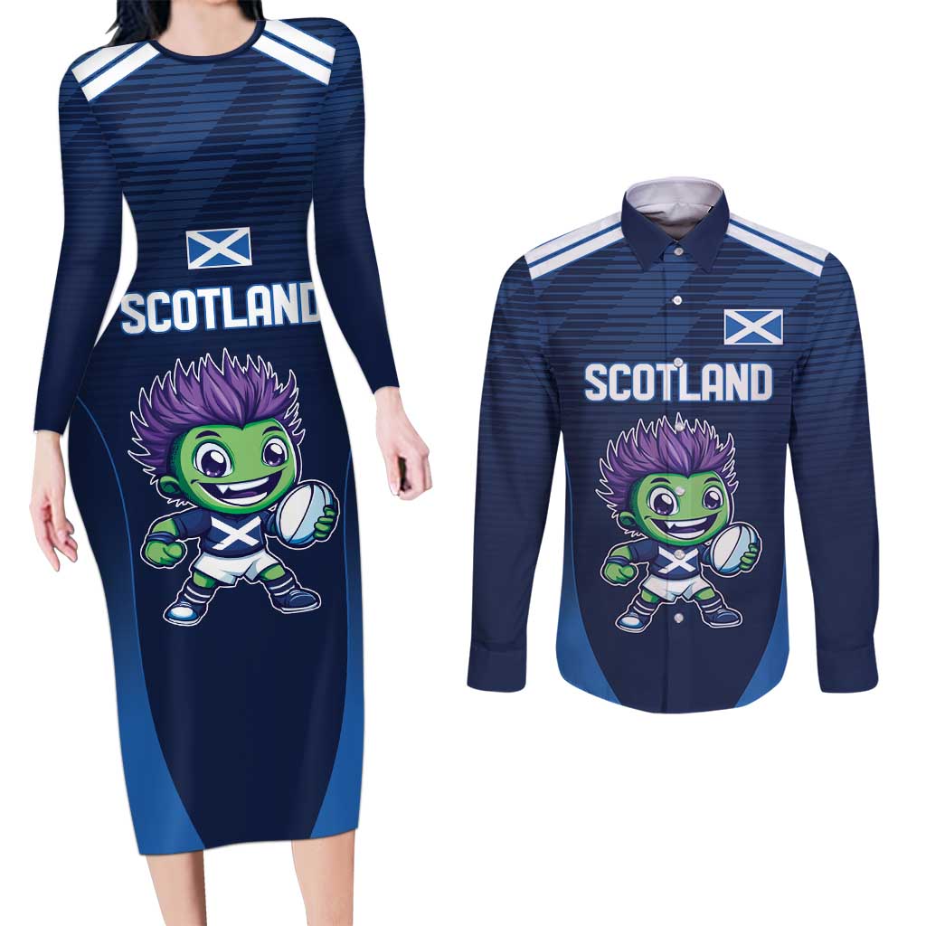 Scotland Rugby Custom Couples Matching Long Sleeve Bodycon Dress and Long Sleeve Button Shirt Thistle Mascot Go Scottish!