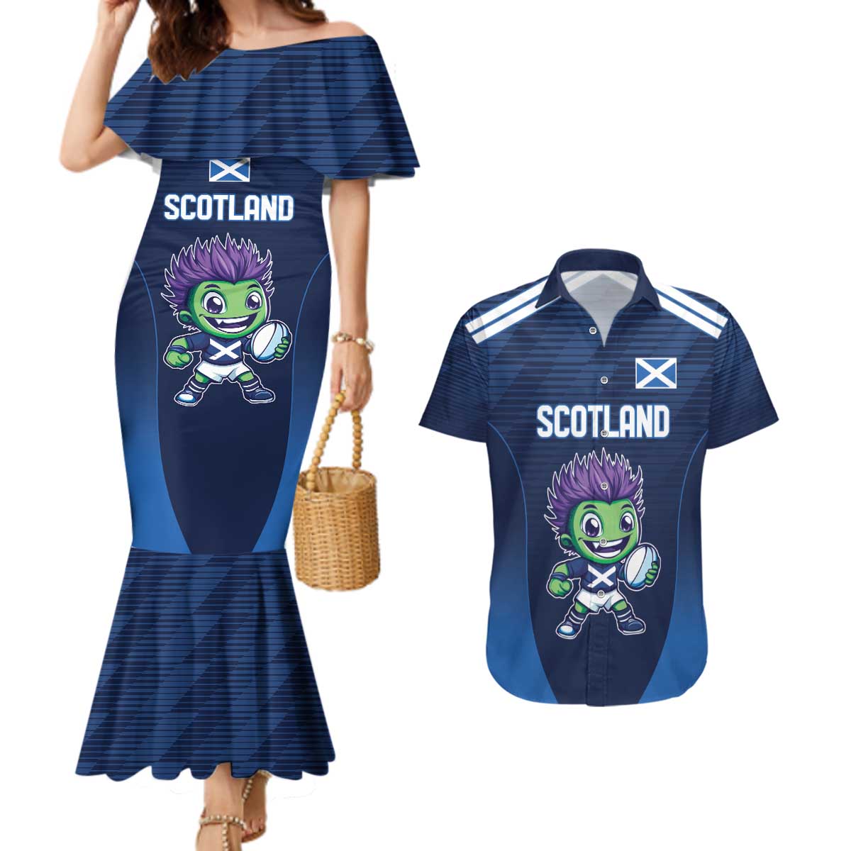 Scotland Rugby Custom Couples Matching Mermaid Dress and Hawaiian Shirt Thistle Mascot Go Scottish!