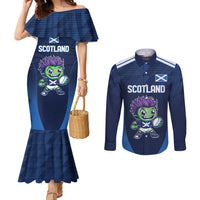 Scotland Rugby Custom Couples Matching Mermaid Dress and Long Sleeve Button Shirt Thistle Mascot Go Scottish!