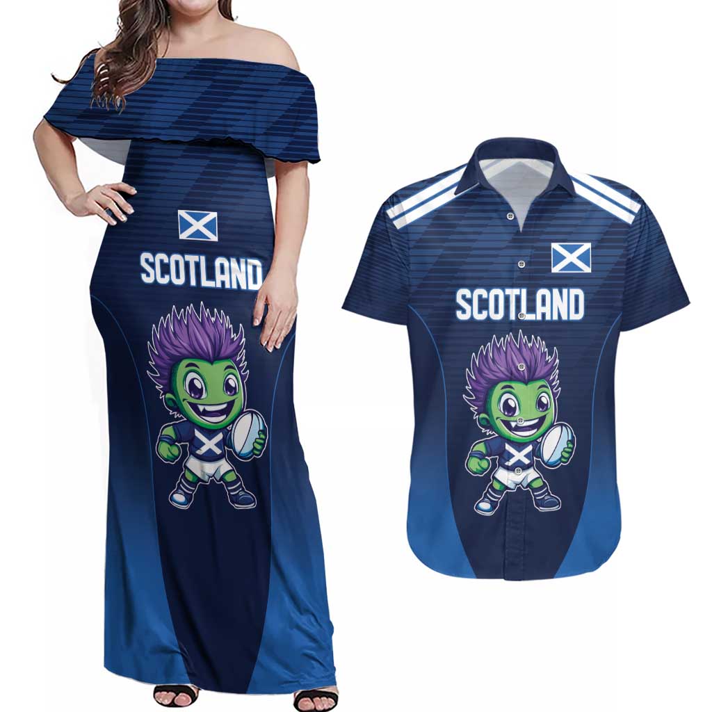 Scotland Rugby Custom Couples Matching Off Shoulder Maxi Dress and Hawaiian Shirt Thistle Mascot Go Scottish!