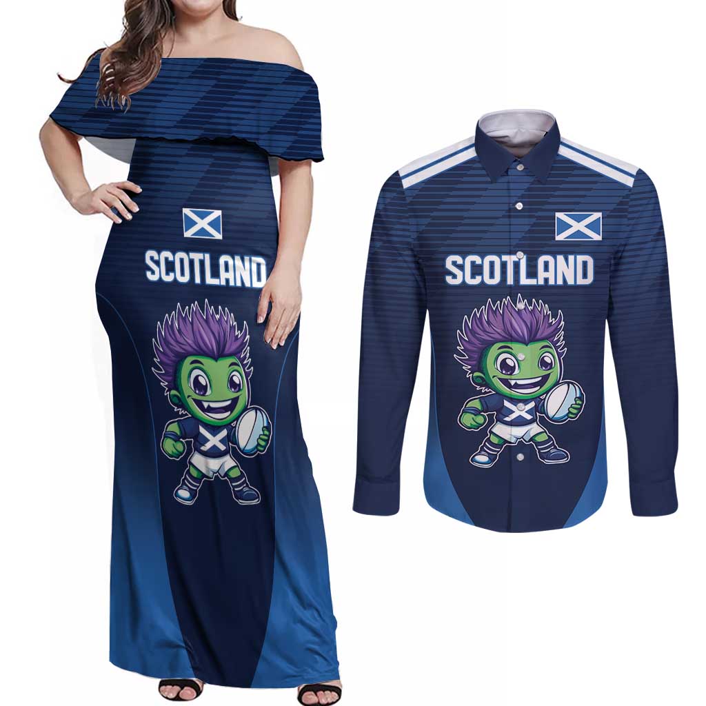 Scotland Rugby Custom Couples Matching Off Shoulder Maxi Dress and Long Sleeve Button Shirt Thistle Mascot Go Scottish!