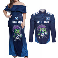Scotland Rugby Custom Couples Matching Off Shoulder Maxi Dress and Long Sleeve Button Shirt Thistle Mascot Go Scottish!