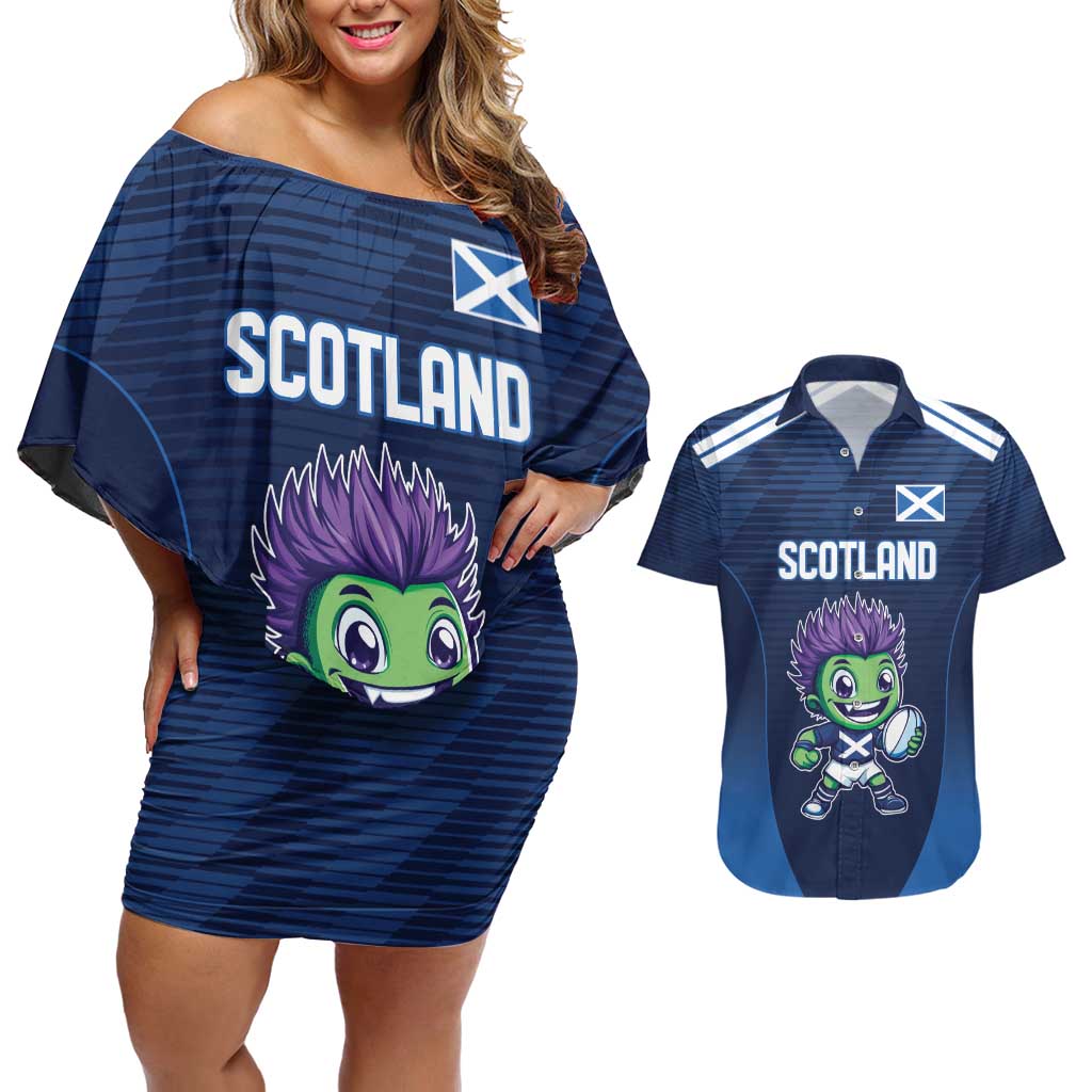 Scotland Rugby Custom Couples Matching Off Shoulder Short Dress and Hawaiian Shirt Thistle Mascot Go Scottish!