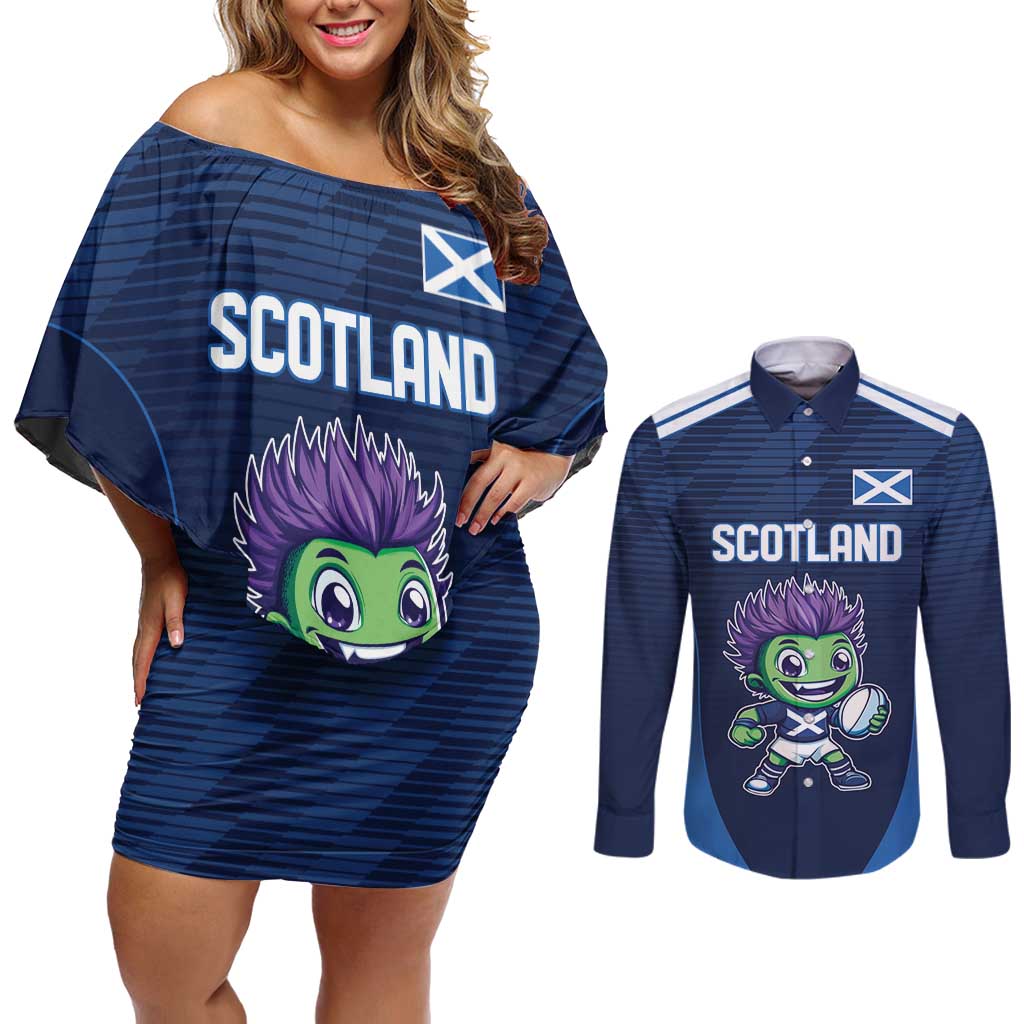 Scotland Rugby Custom Couples Matching Off Shoulder Short Dress and Long Sleeve Button Shirt Thistle Mascot Go Scottish!