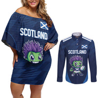 Scotland Rugby Custom Couples Matching Off Shoulder Short Dress and Long Sleeve Button Shirt Thistle Mascot Go Scottish!
