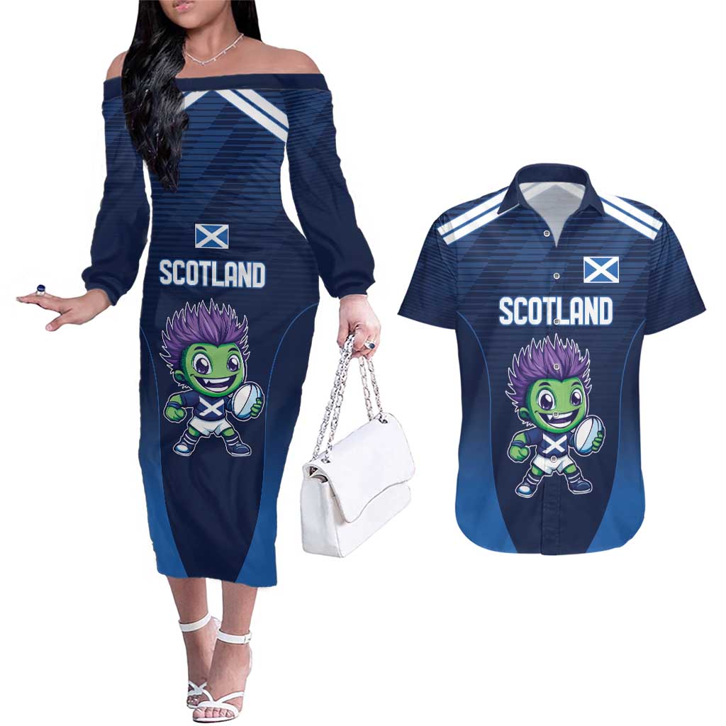 Scotland Rugby Custom Couples Matching Off The Shoulder Long Sleeve Dress and Hawaiian Shirt Thistle Mascot Go Scottish!