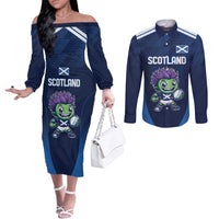 Scotland Rugby Custom Couples Matching Off The Shoulder Long Sleeve Dress and Long Sleeve Button Shirt Thistle Mascot Go Scottish!