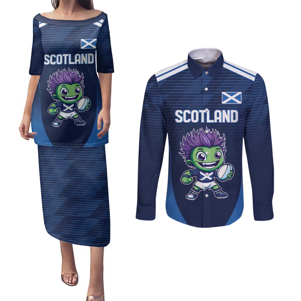 Scotland Rugby Custom Couples Matching Puletasi and Long Sleeve Button Shirt Thistle Mascot Go Scottish!