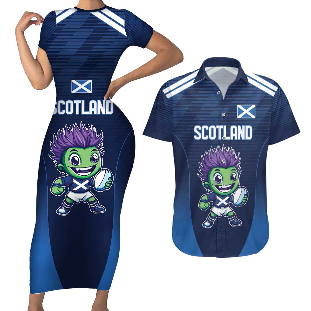 Scotland Rugby Custom Couples Matching Short Sleeve Bodycon Dress and Hawaiian Shirt Thistle Mascot Go Scottish!