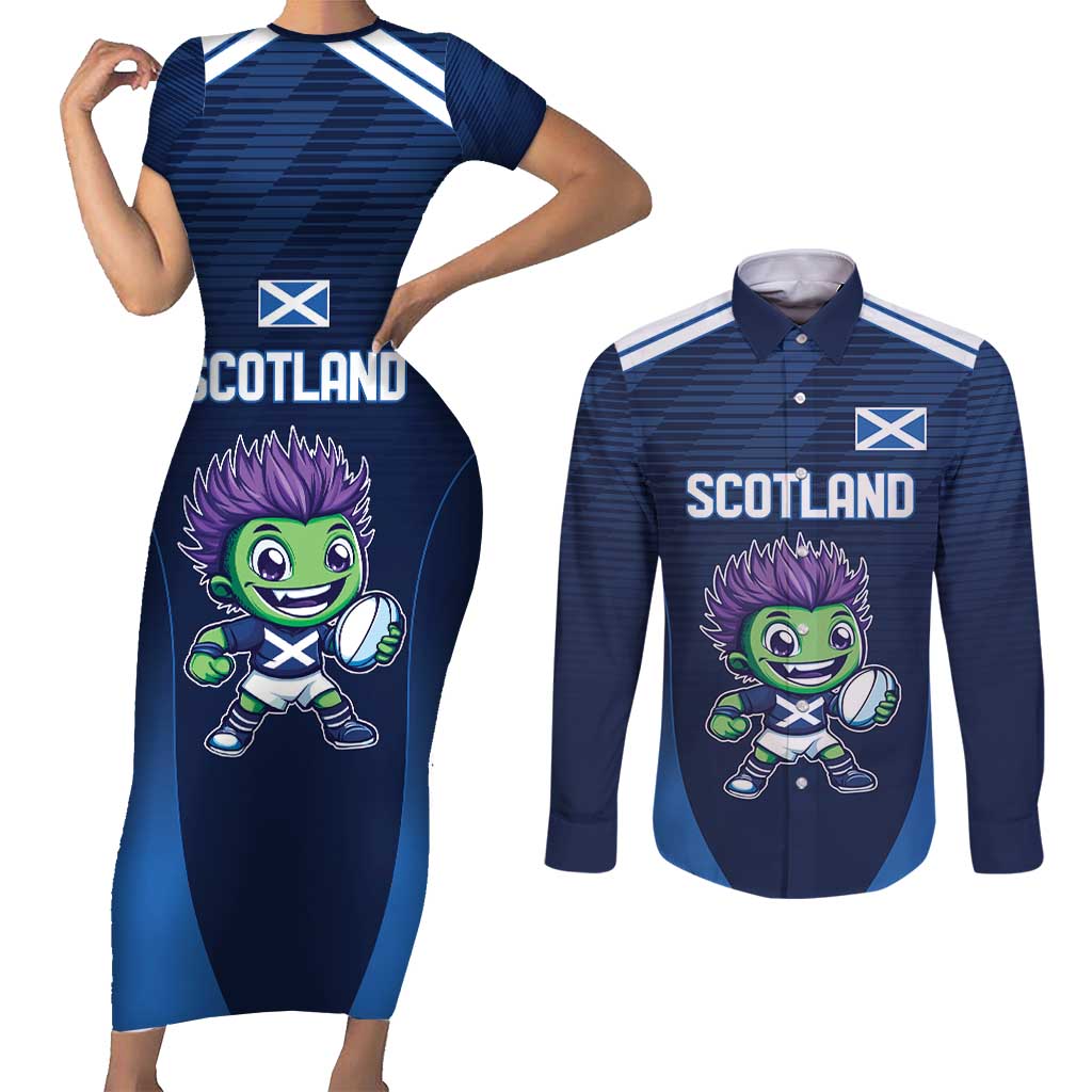 Scotland Rugby Custom Couples Matching Short Sleeve Bodycon Dress and Long Sleeve Button Shirt Thistle Mascot Go Scottish!