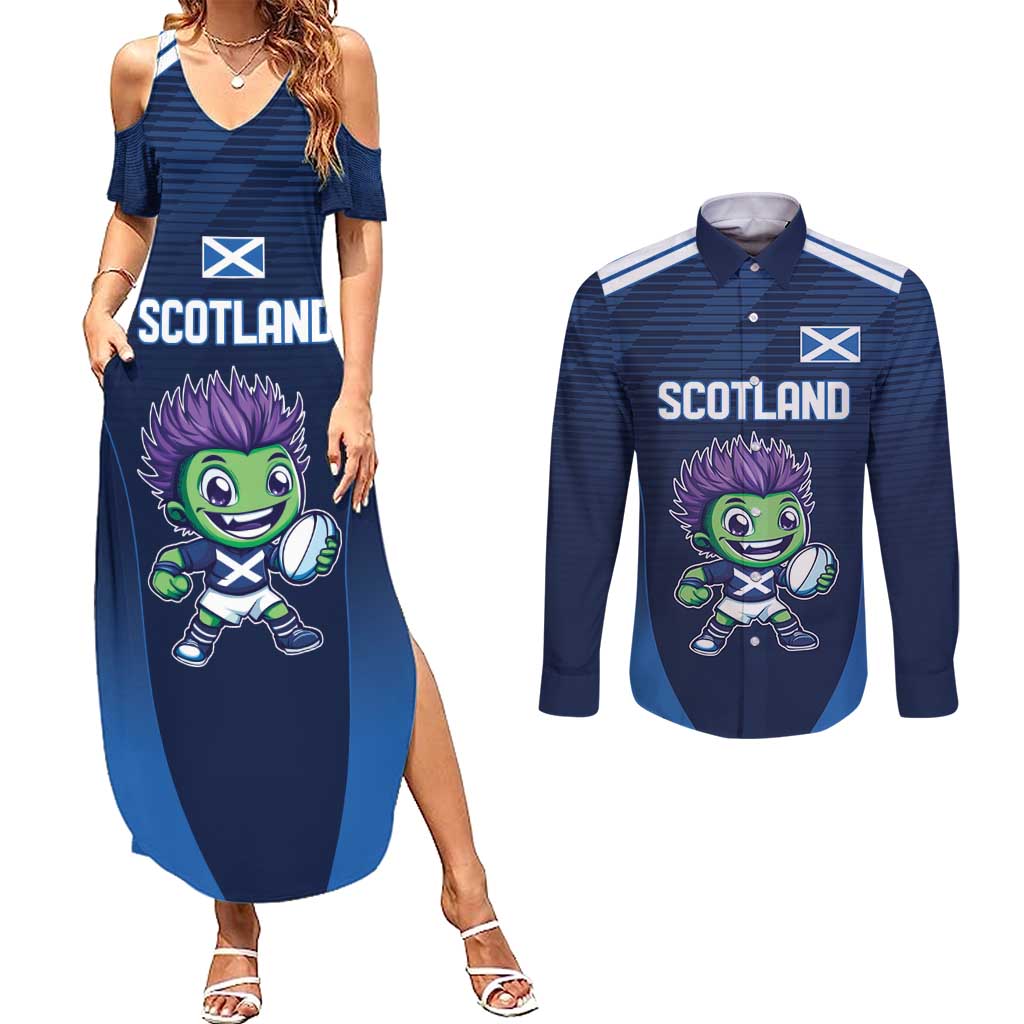 Scotland Rugby Custom Couples Matching Summer Maxi Dress and Long Sleeve Button Shirt Thistle Mascot Go Scottish!