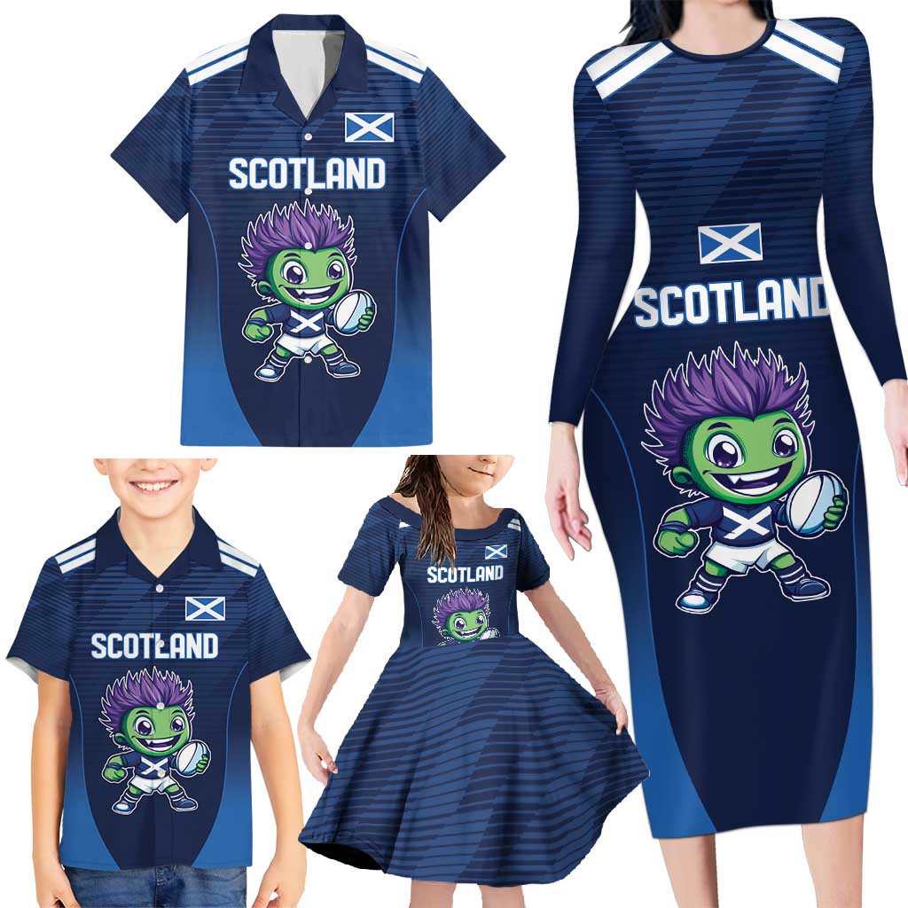 Scotland Rugby Custom Family Matching Long Sleeve Bodycon Dress and Hawaiian Shirt Thistle Mascot Go Scottish!