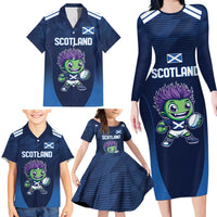 Scotland Rugby Custom Family Matching Long Sleeve Bodycon Dress and Hawaiian Shirt Thistle Mascot Go Scottish!