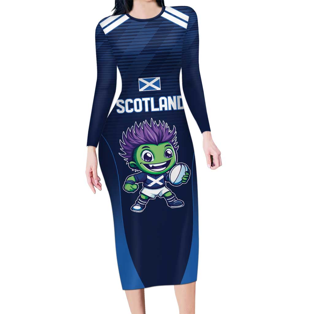 Scotland Rugby Custom Family Matching Long Sleeve Bodycon Dress and Hawaiian Shirt Thistle Mascot Go Scottish!