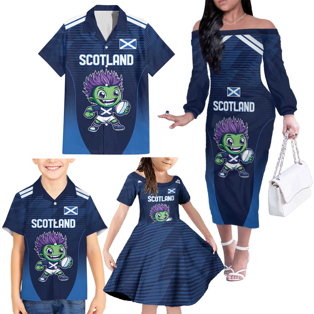 Scotland Rugby Custom Family Matching Off The Shoulder Long Sleeve Dress and Hawaiian Shirt Thistle Mascot Go Scottish!