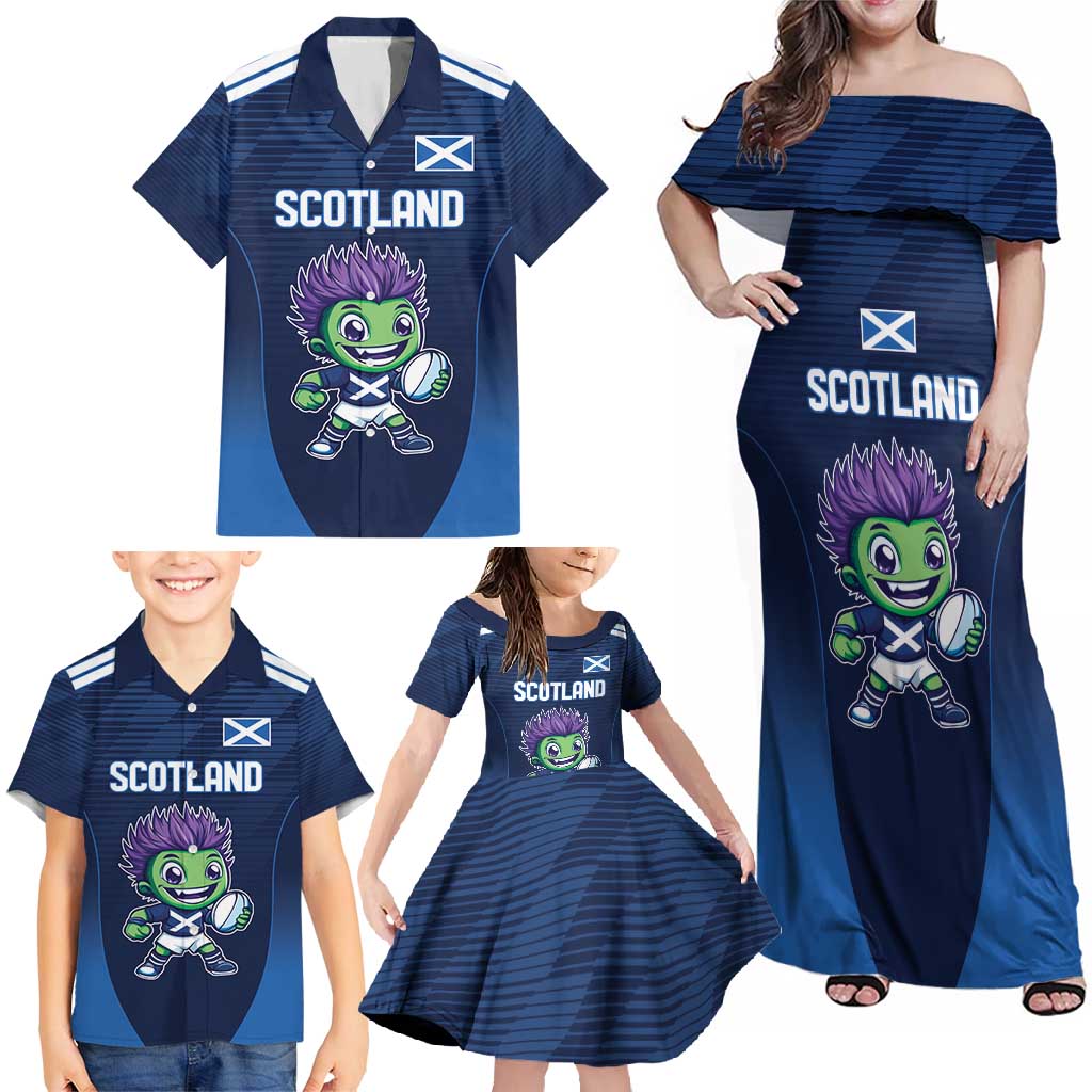 Scotland Rugby Custom Family Matching Off Shoulder Maxi Dress and Hawaiian Shirt Thistle Mascot Go Scottish!