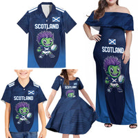 Scotland Rugby Custom Family Matching Off Shoulder Maxi Dress and Hawaiian Shirt Thistle Mascot Go Scottish!