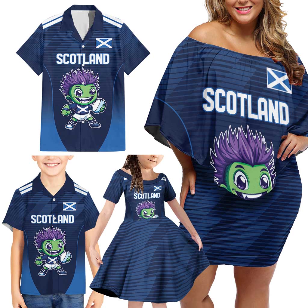 Scotland Rugby Custom Family Matching Off Shoulder Short Dress and Hawaiian Shirt Thistle Mascot Go Scottish!