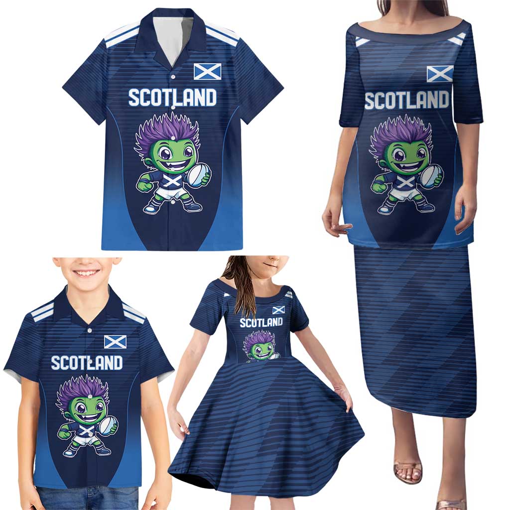 Scotland Rugby Custom Family Matching Puletasi and Hawaiian Shirt Thistle Mascot Go Scottish!