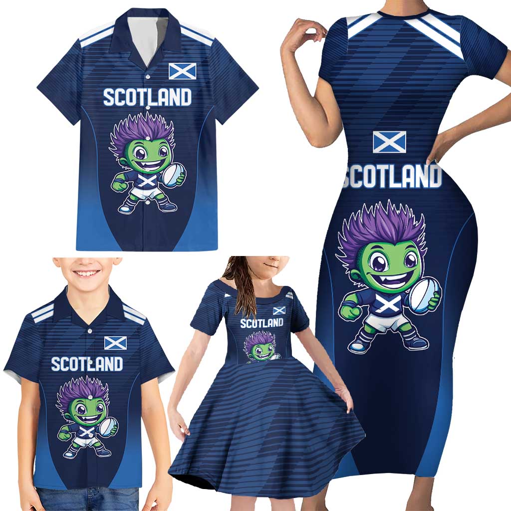 Scotland Rugby Custom Family Matching Short Sleeve Bodycon Dress and Hawaiian Shirt Thistle Mascot Go Scottish!