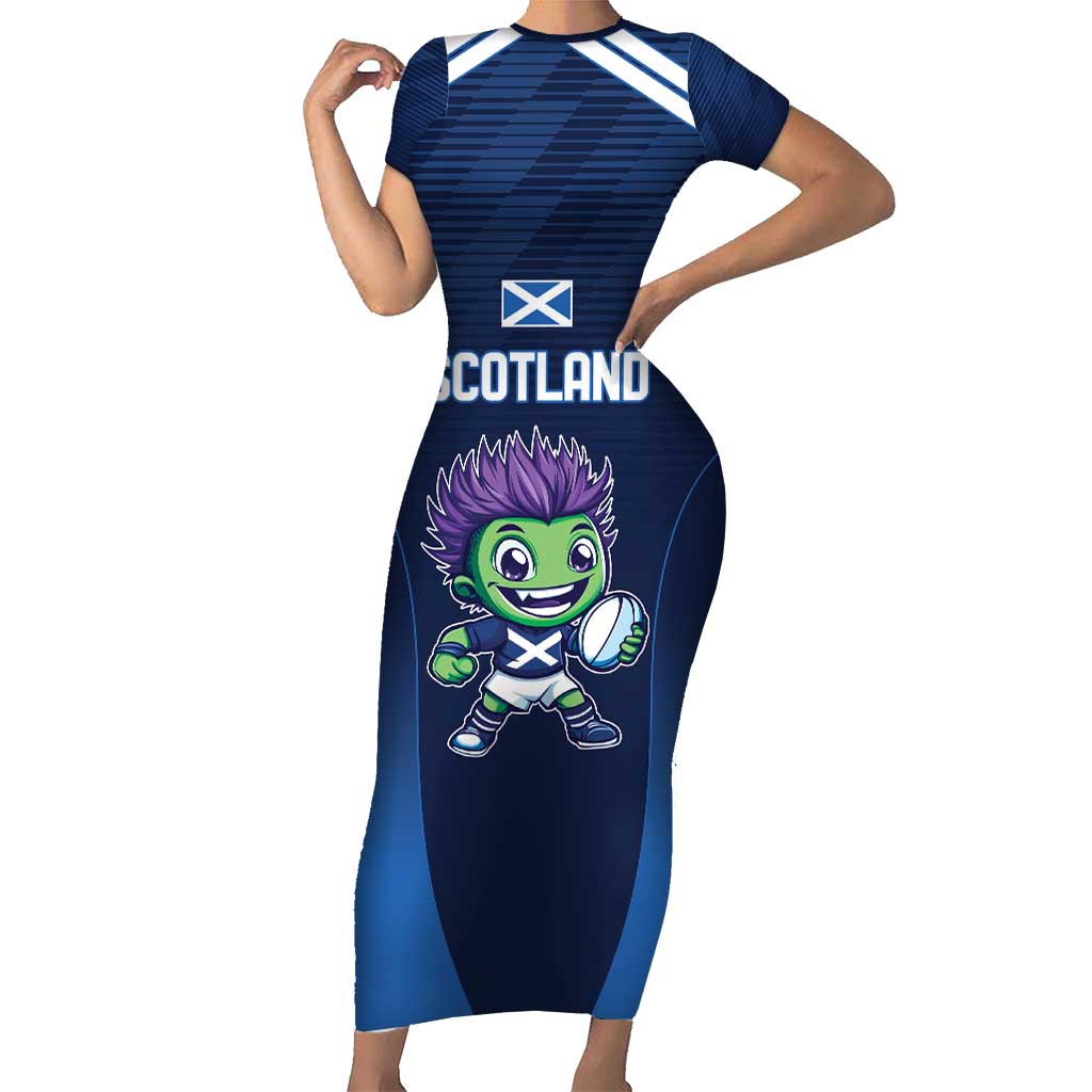 Scotland Rugby Custom Family Matching Short Sleeve Bodycon Dress and Hawaiian Shirt Thistle Mascot Go Scottish!