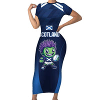 Scotland Rugby Custom Family Matching Short Sleeve Bodycon Dress and Hawaiian Shirt Thistle Mascot Go Scottish!