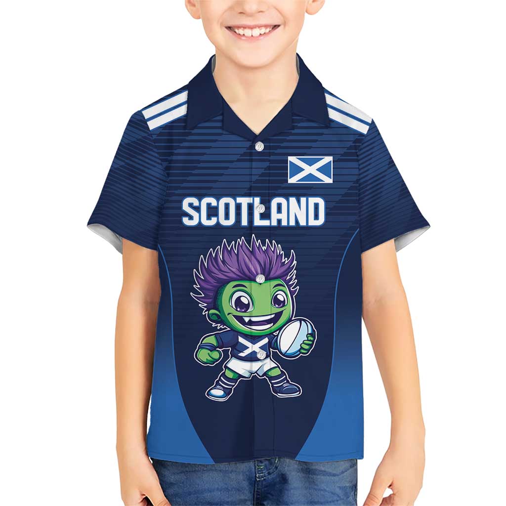 Scotland Rugby Custom Family Matching Short Sleeve Bodycon Dress and Hawaiian Shirt Thistle Mascot Go Scottish!