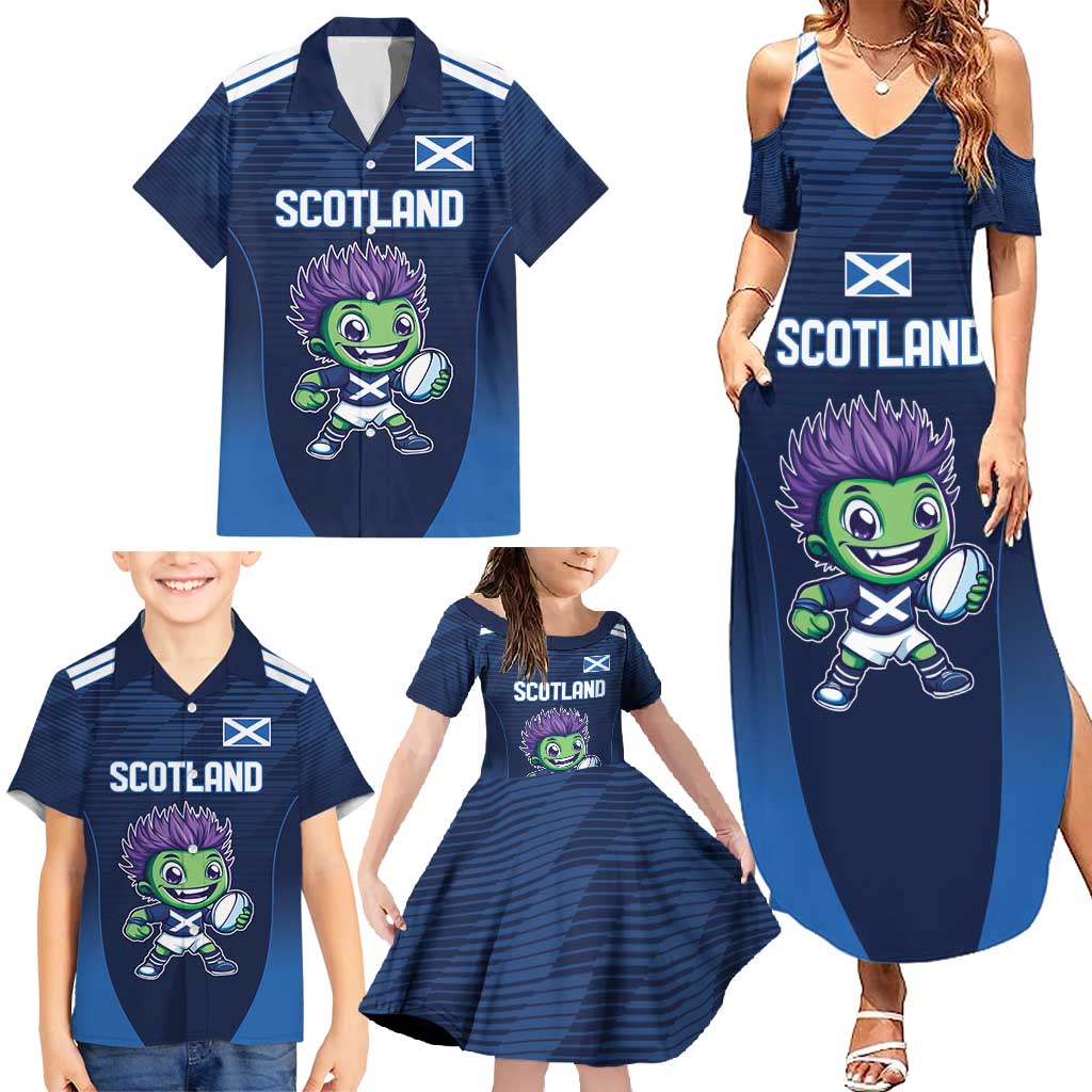 Scotland Rugby Custom Family Matching Summer Maxi Dress and Hawaiian Shirt Thistle Mascot Go Scottish!