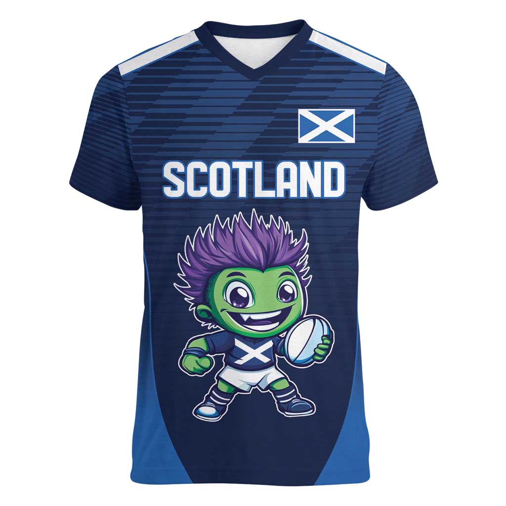 Scotland Rugby Custom Women V-Neck T-Shirt Thistle Mascot Go Scottish!