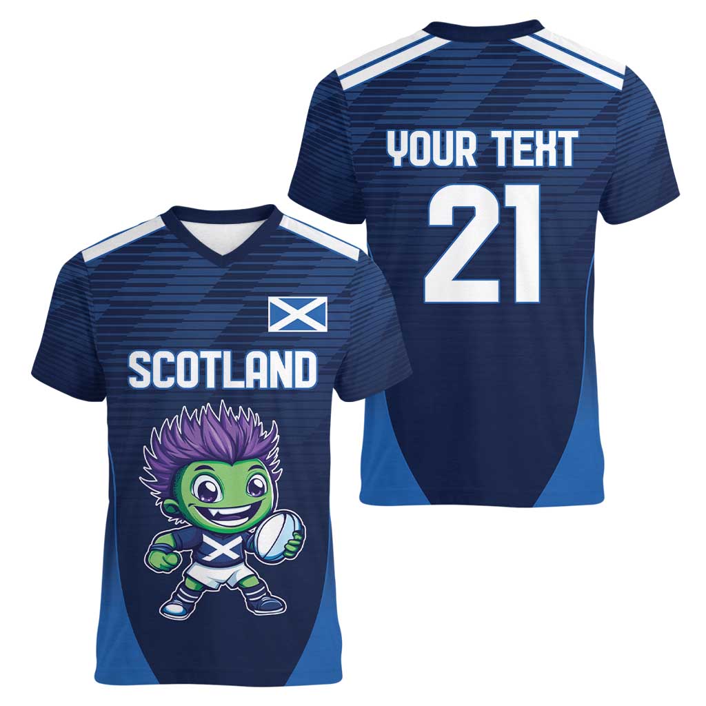 Scotland Rugby Custom Women V-Neck T-Shirt Thistle Mascot Go Scottish!