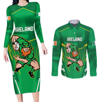 Ireland Rugby Custom Couples Matching Long Sleeve Bodycon Dress and Long Sleeve Button Shirt Irish Warrior Mascot Go Shamrock