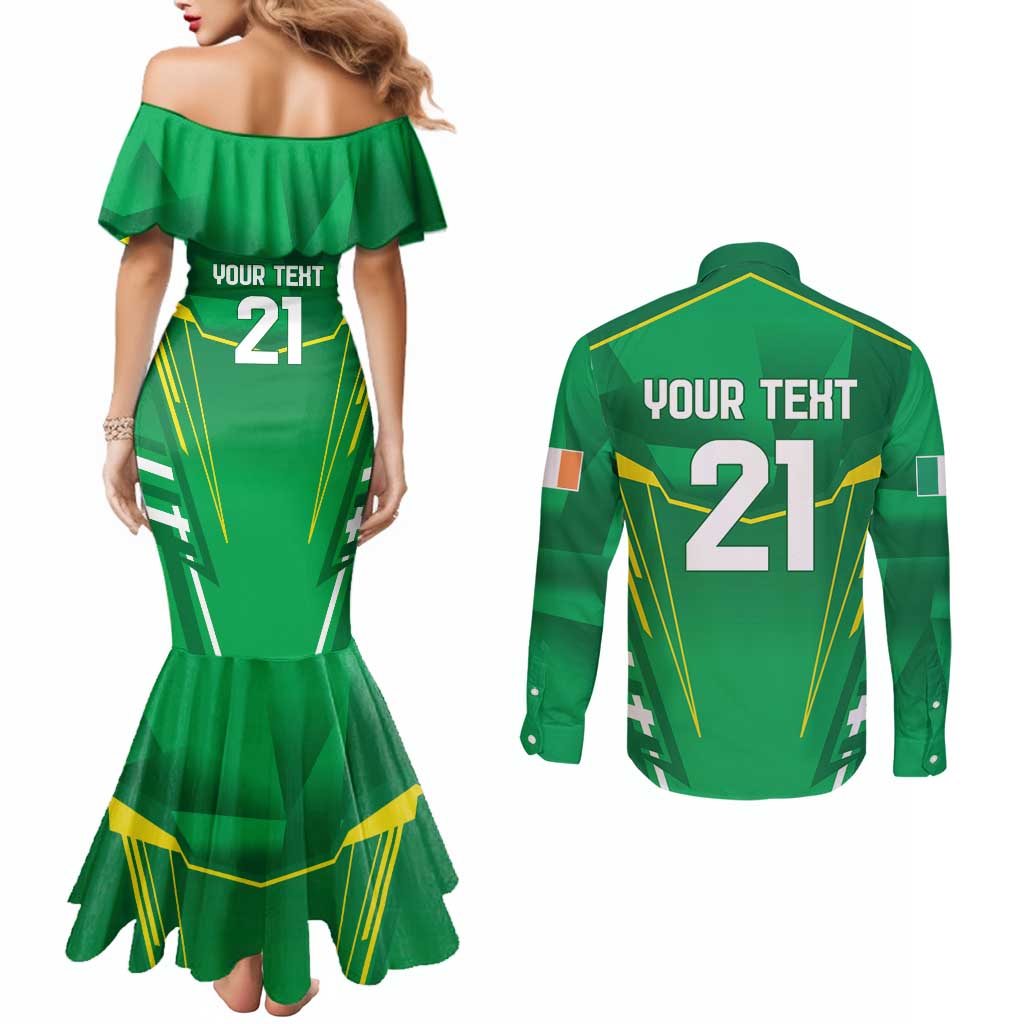 Ireland Rugby Custom Couples Matching Mermaid Dress and Long Sleeve Button Shirt Irish Warrior Mascot Go Shamrock