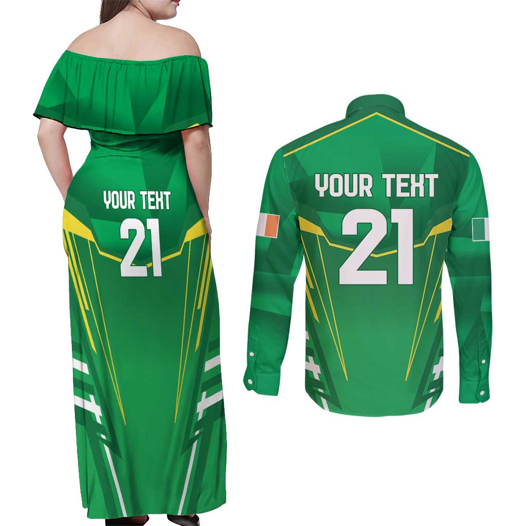Ireland Rugby Custom Couples Matching Off Shoulder Maxi Dress and Long Sleeve Button Shirt Irish Warrior Mascot Go Shamrock