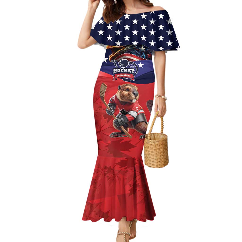 USA Canada Ice Hockey Custom Family Matching Mermaid Dress and Hawaiian Shirt Go Champion 4 Nations