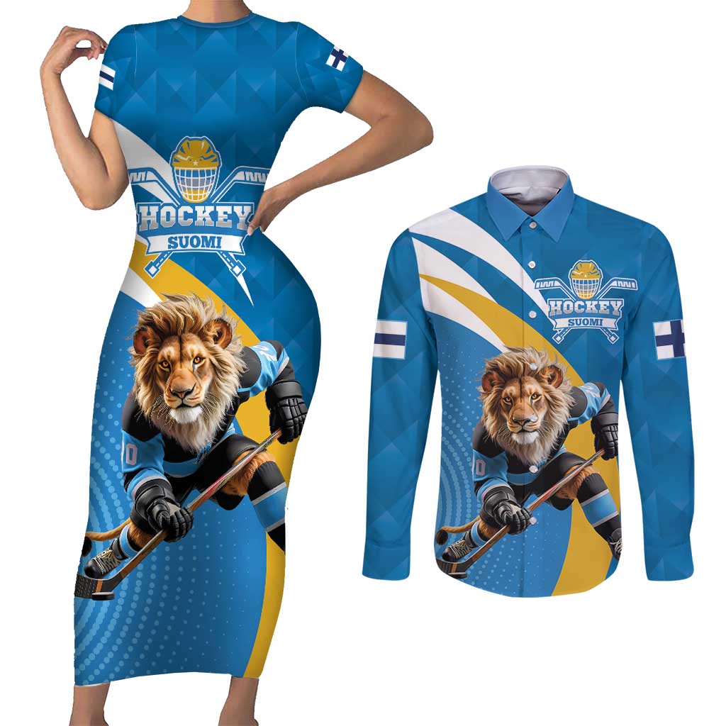 Finland Leijonat Hockey Custom Couples Matching Short Sleeve Bodycon Dress and Long Sleeve Button Shirt Suomen Jaakiekkoliitto 4 Nations