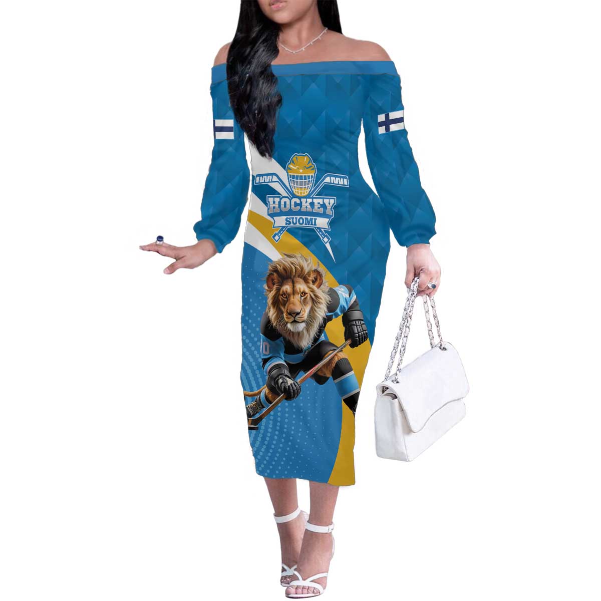 Finland Leijonat Hockey Custom Family Matching Off The Shoulder Long Sleeve Dress and Hawaiian Shirt Suomen Jaakiekkoliitto 4 Nations