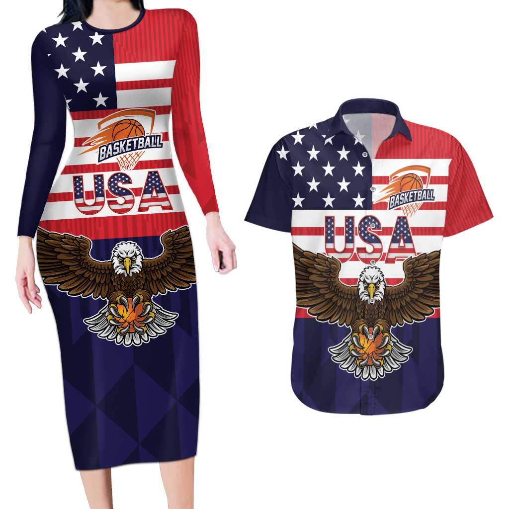 United States Basketball Custom Couples Matching Long Sleeve Bodycon Dress and Hawaiian Shirt Team USA One For All