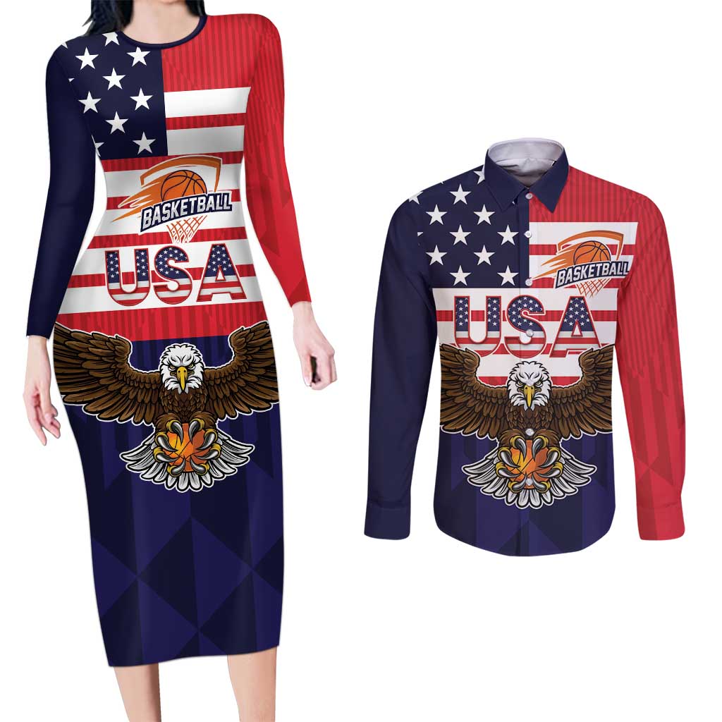 United States Basketball Custom Couples Matching Long Sleeve Bodycon Dress and Long Sleeve Button Shirt Team USA One For All