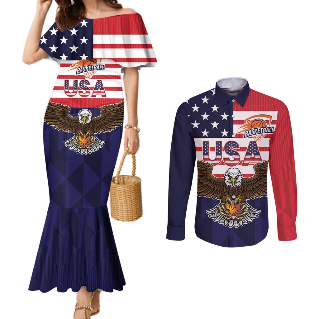 United States Basketball Custom Couples Matching Mermaid Dress and Long Sleeve Button Shirt Team USA One For All
