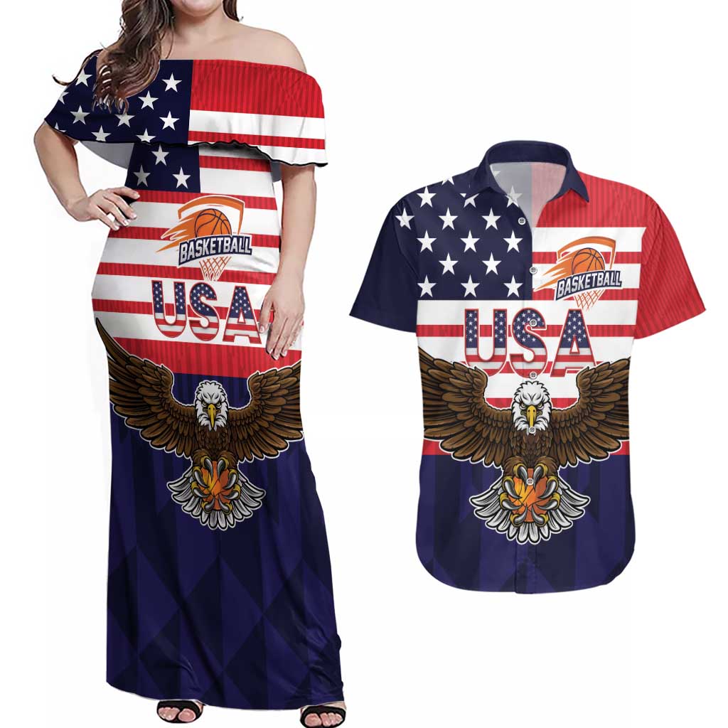 United States Basketball Custom Couples Matching Off Shoulder Maxi Dress and Hawaiian Shirt Team USA One For All