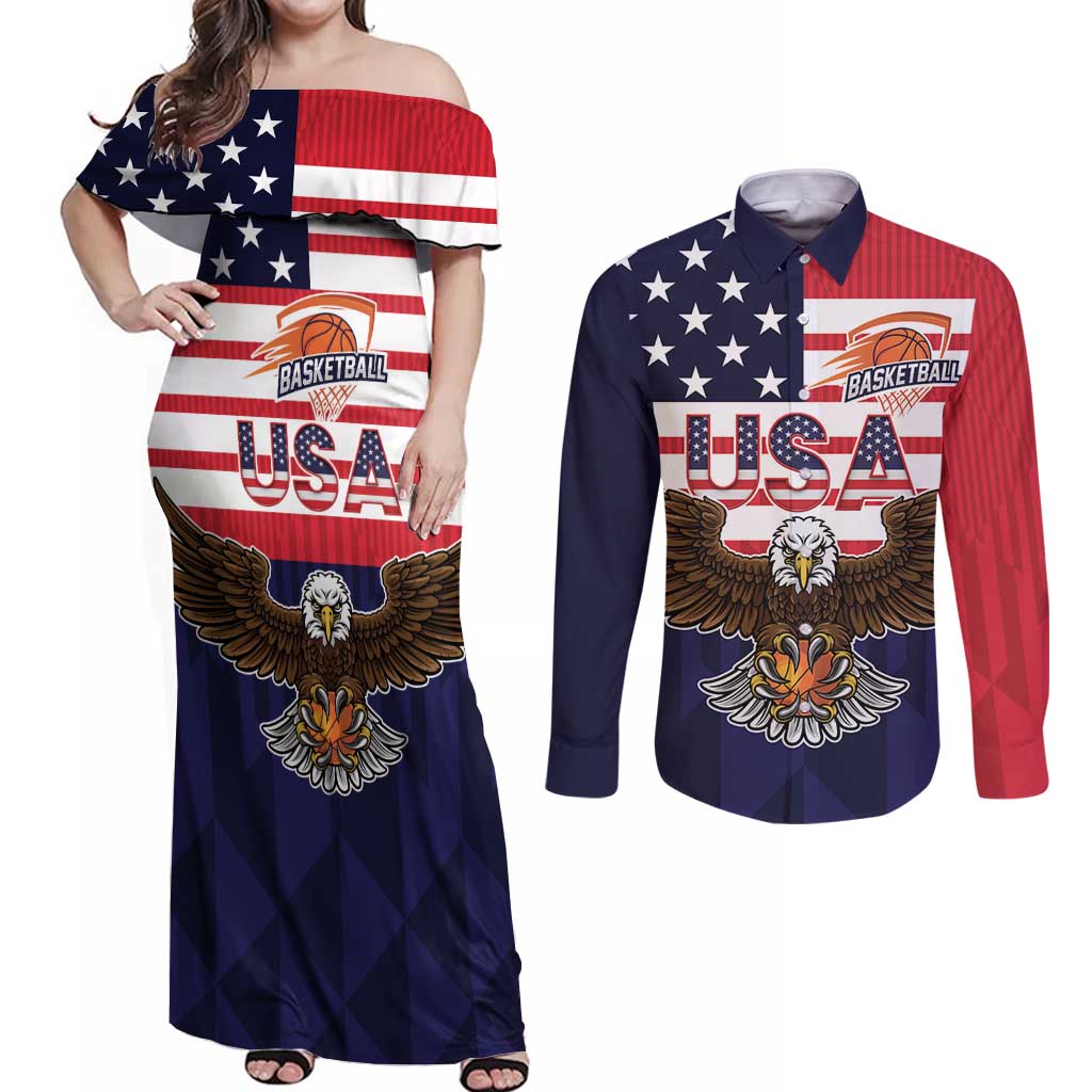 United States Basketball Custom Couples Matching Off Shoulder Maxi Dress and Long Sleeve Button Shirt Team USA One For All