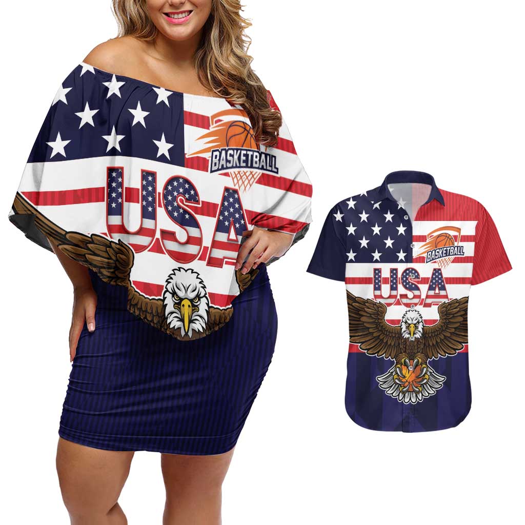 United States Basketball Custom Couples Matching Off Shoulder Short Dress and Hawaiian Shirt Team USA One For All