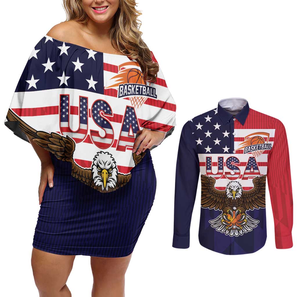 United States Basketball Custom Couples Matching Off Shoulder Short Dress and Long Sleeve Button Shirt Team USA One For All
