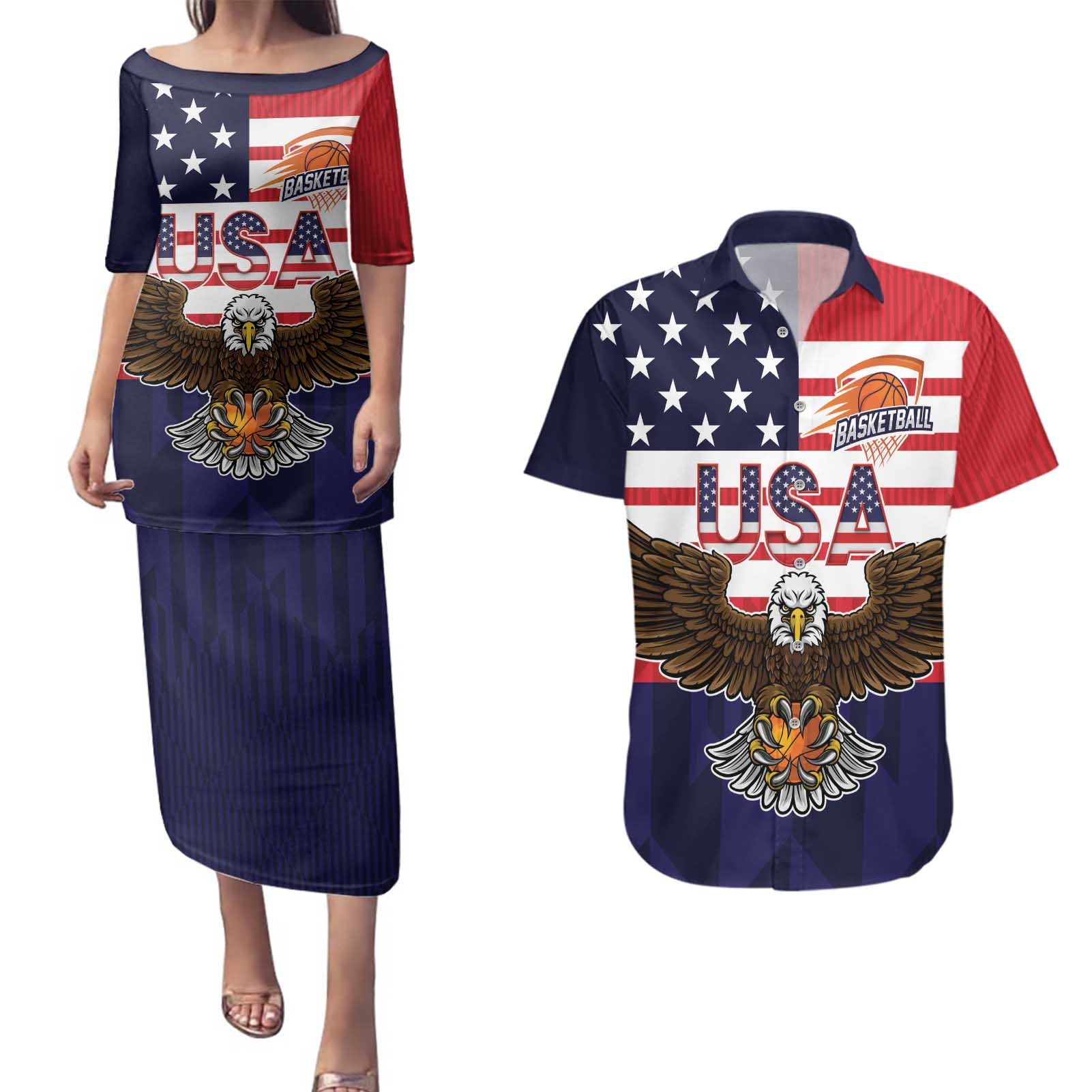 United States Basketball Custom Couples Matching Puletasi and Hawaiian Shirt Team USA One For All